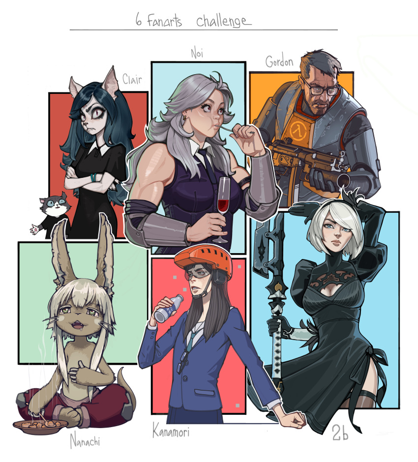 1boy 1other 4girls absurdres black_dress black_hair blue_eyes blue_hair blue_jacket blue_neckwear bottle breasts cat cat_girl champagne_flute claire_d'lune cleavage cleavage_cutout clothing_cutout collared_shirt crossed_arms cup dorohedoro dress drinking_glass edgar_(the_summoning) eizouken_ni_wa_te_wo_dasu_na! english_commentary flat_chest furry glasses gordon_freeman green_eyes gun h&amp;k_mp5 half-life helmet highres holding holding_bottle holding_gun holding_sword holding_weapon ivan_yakushev jacket kanamori_sayaka looking_up made_in_abyss medium_breasts multiple_girls muscular muscular_female nanachi_(made_in_abyss) necktie nier_(series) nier_automata noi_(dorohedoro) open_mouth power_armor red_hair school_uniform shirt six_fanarts_challenge submachine_gun sword the_summoning thighhighs weapon white_hair white_shirt yorha_no._2_type_b