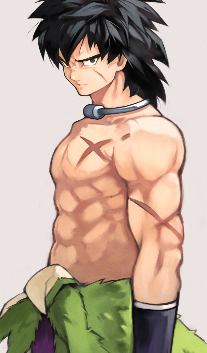 1boy absurdres alternate_pectoral_size bangs black_hair broly_(dragon_ball_super) closed_mouth cowboy_shot dragon_ball dragon_ball_super dragon_ball_super_broly from_side fur_trim grey_background highres male_focus medium_hair muscular muscular_male serious shiny shiny_hair simple_background solo topless_male v-shaped_eyebrows yoshio_(55level)