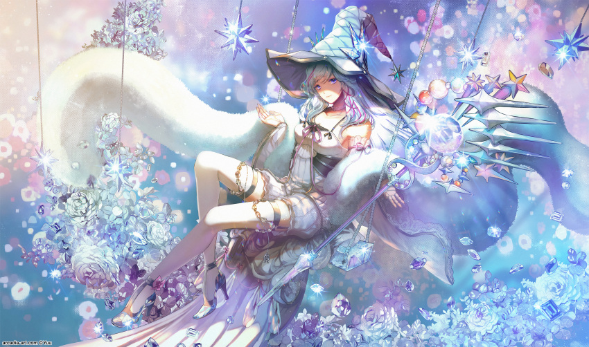 1girl artist_name bangs bare_shoulders blue_hair collarbone commentary commission crystal dress duel_monster feather_boa flower full_body gem glint hat high_heels highres long_hair multicolored_hair open_hands pixiv_request purple_eyes purple_hair rilliona_the_magistus_of_verre sitting solo staff star_(symbol) streaked_hair thighhighs web_address witch_hat yu-gi-oh! yuu_(arcadia)