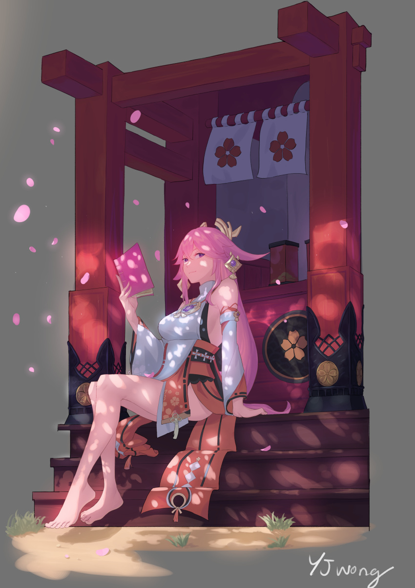 1girl absurdres animal_ears architecture arm_support artist_name bare_shoulders barefoot book box breasts cherry_blossoms commentary dappled_sunlight earrings east_asian_architecture fox fox_ears full_body genshin_impact glowing_petals grey_background hair_between_eyes headdress highres holding holding_book japanese_clothes jewelry knees_together_feet_apart legs light_smile long_hair long_sleeves looking_at_viewer medium_breasts miko outdoors pelvic_curtain pendant petals pink_hair priestess purple_eyes reading ribbon-trimmed_sleeves ribbon_trim shrine sideboob signature sitting solo sunlight tassel toes wide_sleeves yae_(genshin_impact) yjwong