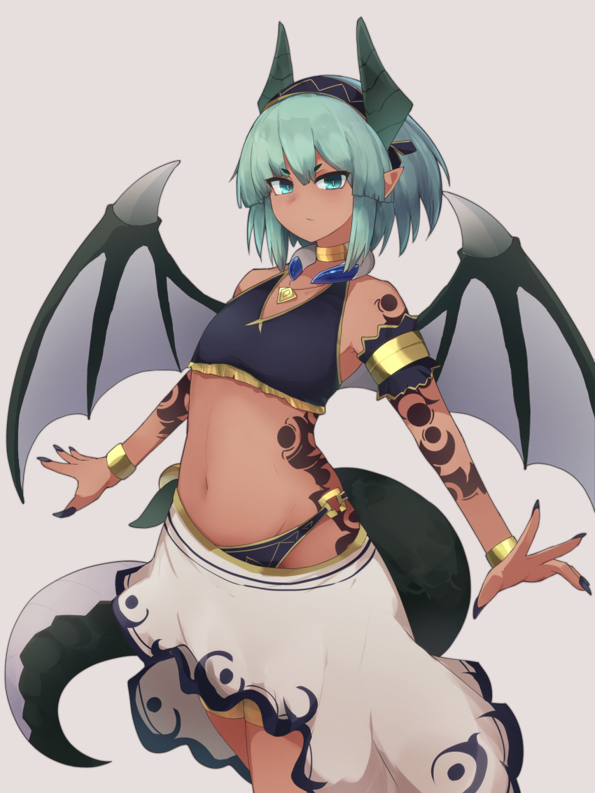 1girl aqua_eyes arm_tattoo commission dark-skinned_female dark_skin dragon_girl dragon_tail dragon_wings fingernails flat_chest gold green_hair hairband highres jewelry navel necklace original pointy_ears sharp_fingernails short_hair skeb_commission solo tail tattoo wings yonaga