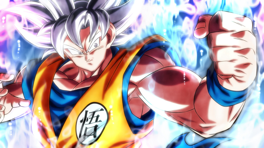 1boy aura clenched_hand closed_mouth dougi dragon_ball dragon_ball_super fighting_stance grey_eyes grey_hair male_focus muscular muscular_male rom_(20) solo son_goku ultra_instinct upper_body wristband