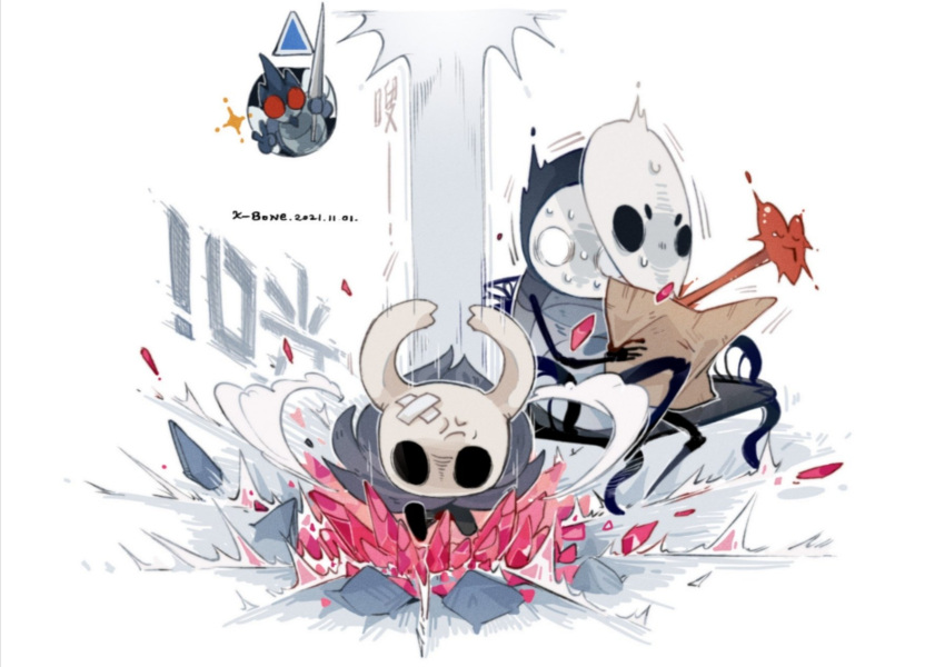 anger_vein arrow_(symbol) artist_name bandaid bandaid_on_head bench crushing dated heart highres hollow_eyes hollow_knight k-bone knight_(hollow_knight) quirrel simple_background sitting sparkle sweat v white_background