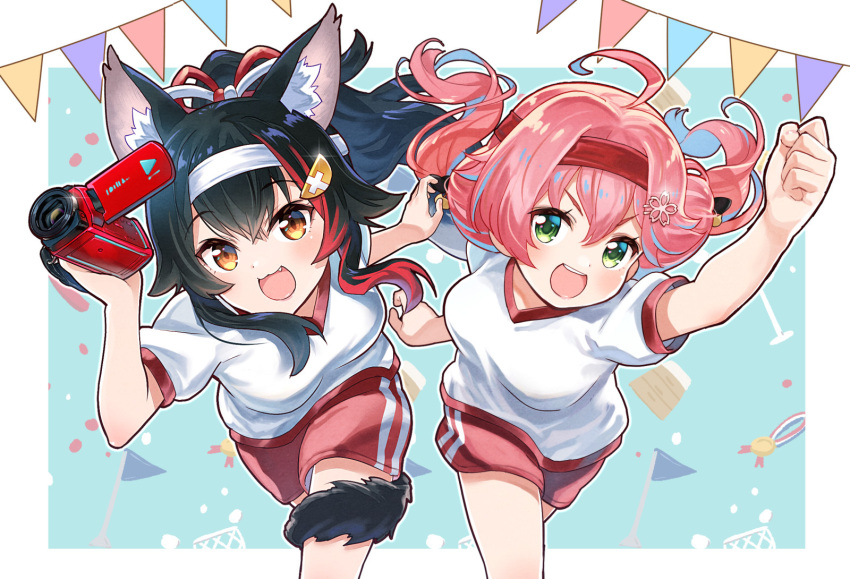 2girls :d ahoge alternate_costume animal_ear_fluff animal_ears bangs black_hair breasts brown_eyes camera commentary_request eyebrows_visible_through_hair fang floating_hair flower green_eyes hair_between_eyes hair_flower hair_ornament headband highres holding holding_camera hololive long_hair medium_breasts multicolored_hair multiple_girls ookami_mio partial_commentary pink_hair ponytail red_hair red_headband red_shorts running sakino_shingetsu sakura_miko shirt short_sleeves shorts smile sparkle streaked_hair string_of_flags tail tail_around_leg tail_wrap teeth twintails upper_teeth v-shaped_eyebrows virtual_youtuber white_headband white_shirt wolf_ears wolf_girl wolf_tail