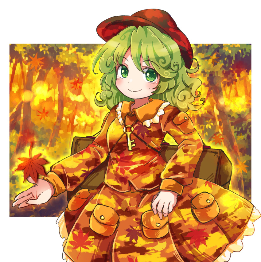 1girl alternate_color autumn_leaves bangs box camouflage camouflage_headwear camouflage_jacket camouflage_skirt closed_mouth commentary eyebrows_visible_through_hair flat_cap forest green_eyes green_hair hat highres jacket key long_sleeves looking_at_viewer medium_hair nature orange_headwear orange_jacket orange_skirt outdoors pocket pote_(ptkan) skirt smile solo standing touhou yamashiro_takane