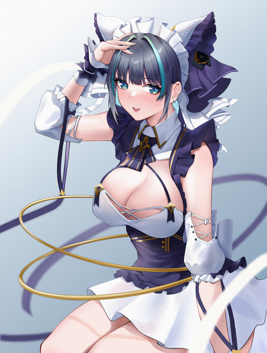 1girl 1z10 absurdres animal_ears aqua_eyes aqua_hair azur_lane blue_background breasts cheshire_(azur_lane) cleavage detached_sleeves fake_animal_ears frilled_hairband frilled_ribbon frills hairband highres large_breasts long_ribbon maid_headdress multicolored_hair puffy_detached_sleeves puffy_sleeves purple_apron purple_hair ribbon short_hair simple_background sitting solo streaked_hair wrist_cuffs