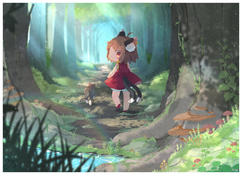 1girl :3 ahoge animal_ear_fluff animal_ears blurry blurry_background blurry_foreground brown_hair cat cat_ears cat_girl cat_tail chen closed_mouth commentary day dress earrings forest grass highres ibaraki_natou jewelry light_rays long_sleeves looking_at_viewer looking_back multiple_tails mushroom nature orange_eyes outdoors plant pond red_dress red_skirt red_vest shirt short_hair single_earring skirt sunbeam sunlight tail touhou tree vest vines walking_away water white_shirt