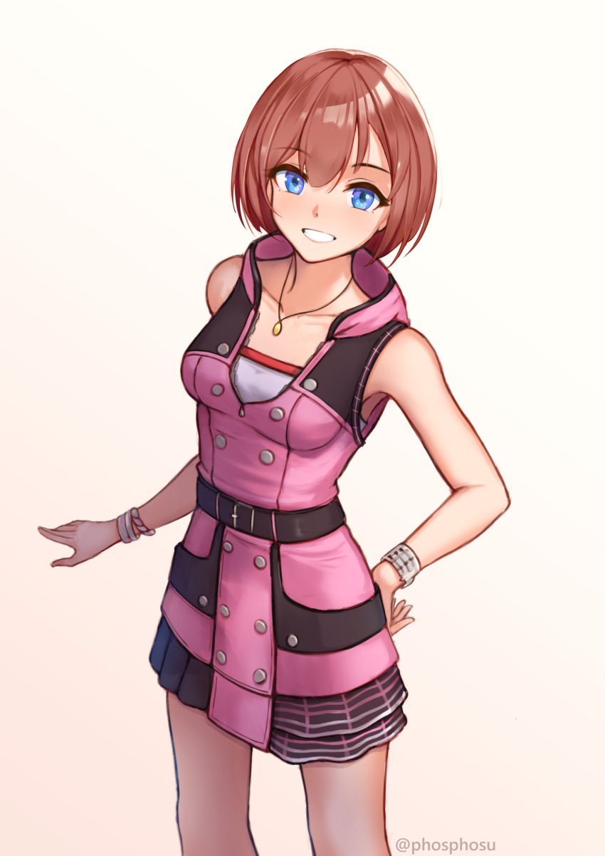 1girl bare_shoulders belt black_belt black_dress blue_eyes blush breasts buttons cowboy_shot double-breasted dress from_above grin hand_on_own_ass happy highres jewelry kairi_(kingdom_hearts) kingdom_hearts kingdom_hearts_iii looking_at_viewer looking_up medium_breasts medium_hair necklace outstretched_hand phos pink_dress red_hair sleeveless sleeveless_dress small_breasts smile solo two-tone_dress