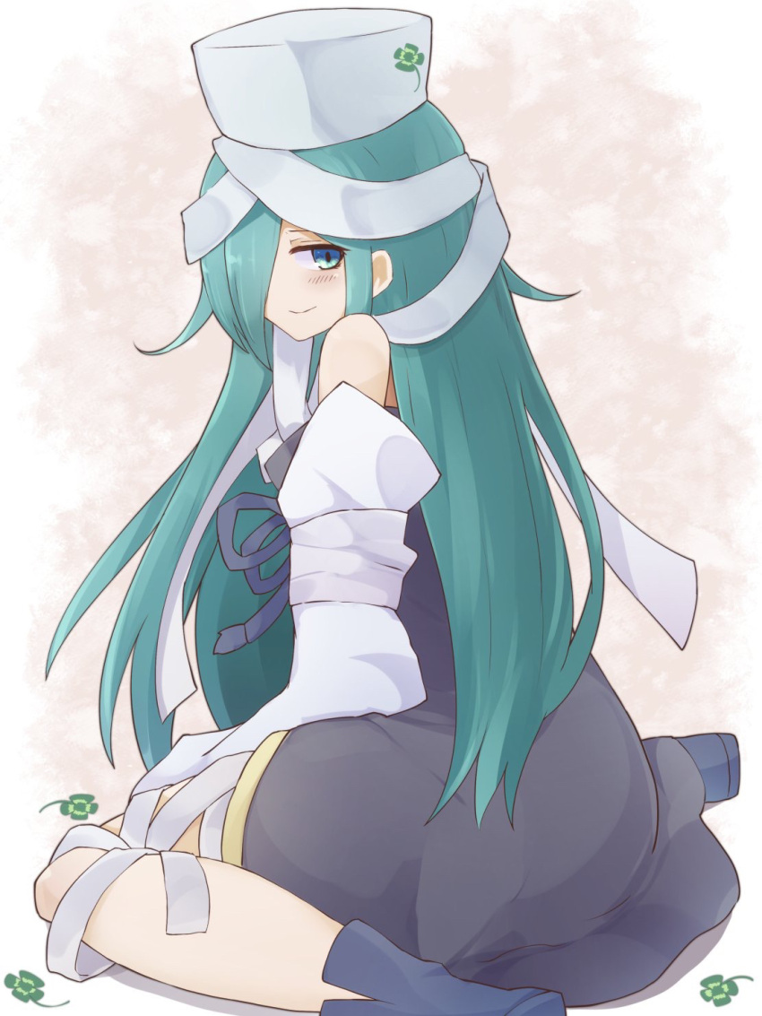 1girl aqua_eyes aqua_hair bandages blush closed_mouth clover commentary_request detached_sleeves dress four-leaf_clover from_behind hair_over_one_eye hat highres long_hair looking_back ootani_yoshitsugu_(sengoku_collection) sengoku_collection sitting smile solo wariza yonaga