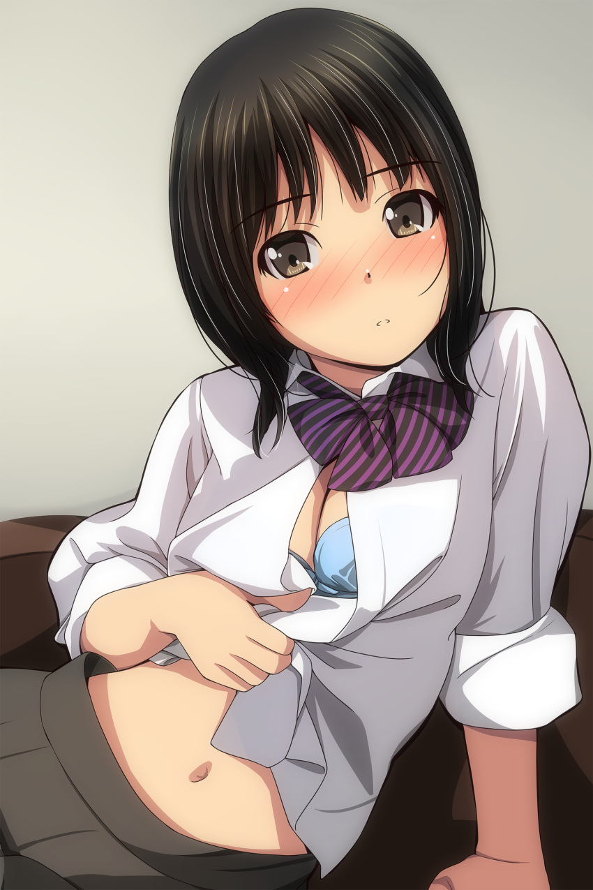 1girl absurdres arm_support bangs black_bow black_bowtie black_hair blue_bra blush bow bowtie bra breasts brown_eyes cleavage clothes_lift contrapposto diagonal-striped_bow eyebrows_visible_through_hair grey_skirt head_tilt highres looking_at_viewer matsunaga_kouyou medium_breasts medium_hair midriff navel nose_blush open_clothes open_shirt original parted_lips partially_unbuttoned pleated_skirt purple_bow purple_bowtie school_uniform shirt shirt_lift sitting skirt sleeves_rolled_up solo underwear undressing white_shirt