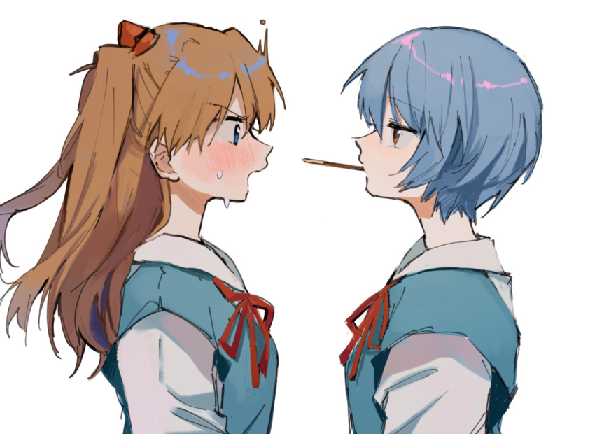 2girls ayanami_rei bangs blue_eyes blue_hair blush commentary_request dango_(uni_520) food hair_between_eyes hair_ornament long_hair looking_at_another multiple_girls neckerchief neon_genesis_evangelion open_mouth orange_hair pocky pocky_kiss red_eyes red_ribbon ribbon school_uniform short_hair short_sleeves simple_background souryuu_asuka_langley sweat white_background yuri
