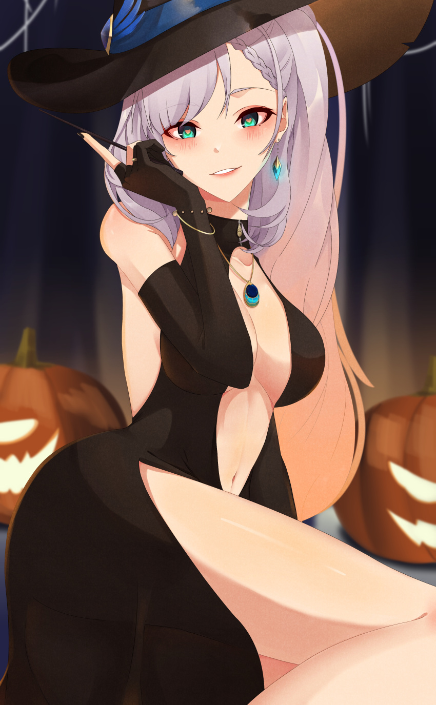 1girl absurdres blanc_(studio_artblock) blush braid braided_bangs cleavage_cutout clothing_cutout earrings elbow_gloves gloves green_eyes hat heart heart-shaped_pupils highres hololive hololive_indonesia jack-o'-lantern jewelry navel_cutout necklace parted_lips pavolia_reine side_ponytail silver_hair single_earring smile solo symbol-shaped_pupils virtual_youtuber wand witch_hat zipper