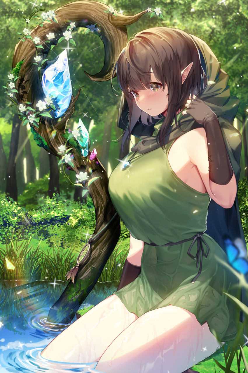 1girl absurdres bangs blush breasts brown_gloves brown_hair cape commentary covered_navel cowboy_shot day dress elf eyebrows_visible_through_hair fingerless_gloves flower gloves grass green_cape green_dress green_tunic highres hood hooded_cape jewelry large_breasts looking_away mendou_kusai nature necklace original outdoors parted_lips plant pointy_ears root short_hair sidelocks sitting soaking_feet solo thighs tree water wet wet_clothes white_flower yellow_eyes