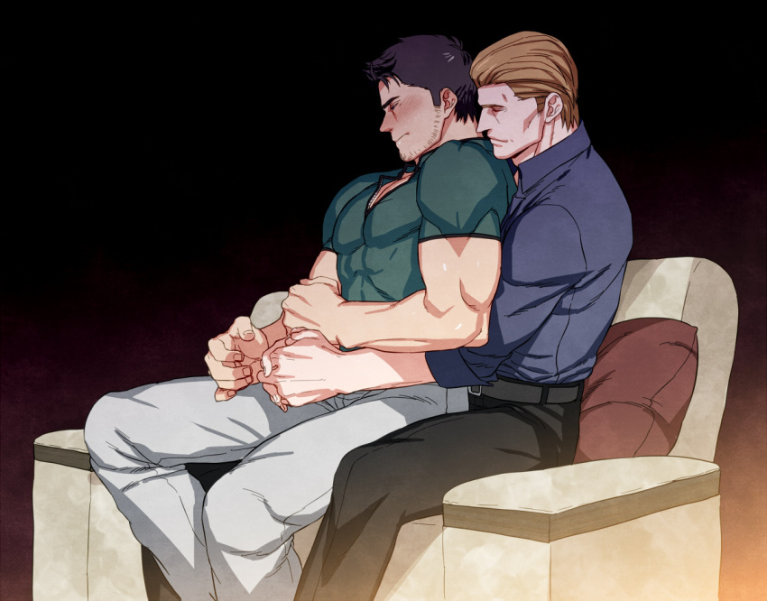 2boys albert_wesker bara belt black_hair black_pants blue_shirt blush brown_hair castella chris_redfield closed_eyes closed_mouth collared_shirt couch couple facial_hair green_shirt grey_pants hug hug_from_behind large_pectorals male_focus multiple_boys muscular muscular_male on_couch pants pectorals resident_evil resident_evil_5 resident_evil_6 resident_evil_village shirt short_hair sitting sitting_on_person yaoi