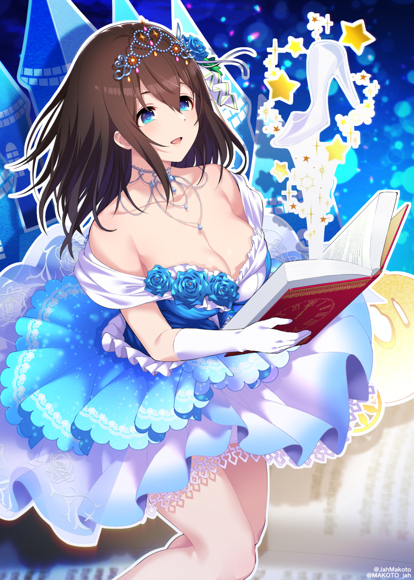 1girl bare_shoulders blue_dress blue_eyes book breasts brown_hair cleavage collarbone dress glass_slipper gloves high_heels highres holding holding_book idolmaster idolmaster_cinderella_girls medium_hair mizuki_makoto off-shoulder_dress off_shoulder open_mouth sagisawa_fumika solo tiara white_gloves