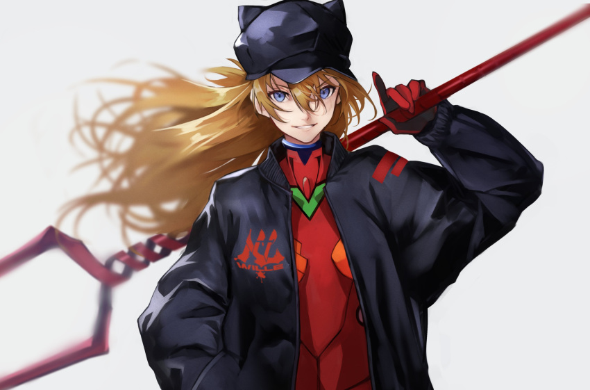 1girl absurdres bangs black_headwear black_jacket blue_eyes bodysuit breasts brown_hair commentary evangelion:_3.0_you_can_(not)_redo hair_between_eyes hair_ornament highres holding holding_polearm holding_weapon jacket lance_of_longinus long_hair looking_at_viewer neon_genesis_evangelion orange_hair plugsuit polearm rebuild_of_evangelion smile solo souryuu_asuka_langley spear teeth upper_body weapon yoshio_(55level)