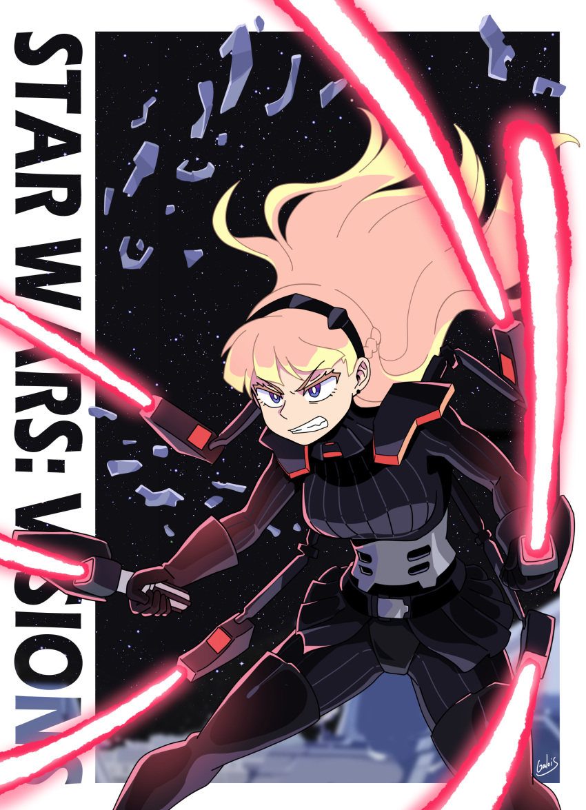 1girl absurdres am_(star_wars) black_bodysuit black_footwear black_hairband black_skirt blonde_hair bodysuit boots braid breasts clenched_teeth copyright_name crown_braid dual_wielding energy_sword extra_arms floating_hair galois hairband highres holding holding_sword holding_weapon lightsaber looking_ahead mechanical_arms medium_breasts ribbed_bodysuit sith skirt solo star_wars star_wars:_visions sword teeth thigh_boots thighhighs v-shaped_eyebrows weapon