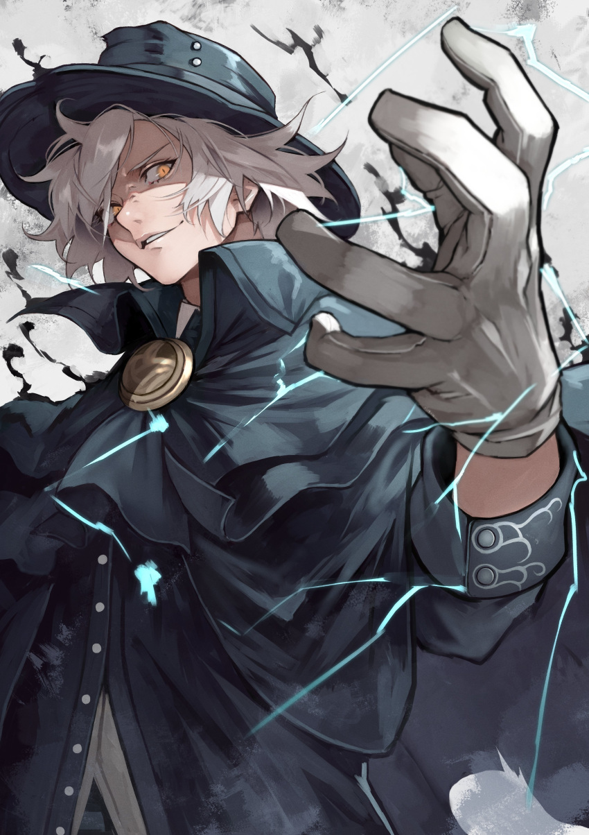 1boy absurdres bangs black_cape black_headwear black_neckwear cape edmond_dantes_(fate) electricity fate/grand_order fate_(series) gankutsuou gloves grey_background grin hair_over_one_eye hat highres long_sleeves looking_at_viewer male_focus medium_hair outstretched_hand parted_lips silver_hair slit_pupils smile solo teeth upper_body white_gloves white_hair yellow_eyes yoshio_(55level)