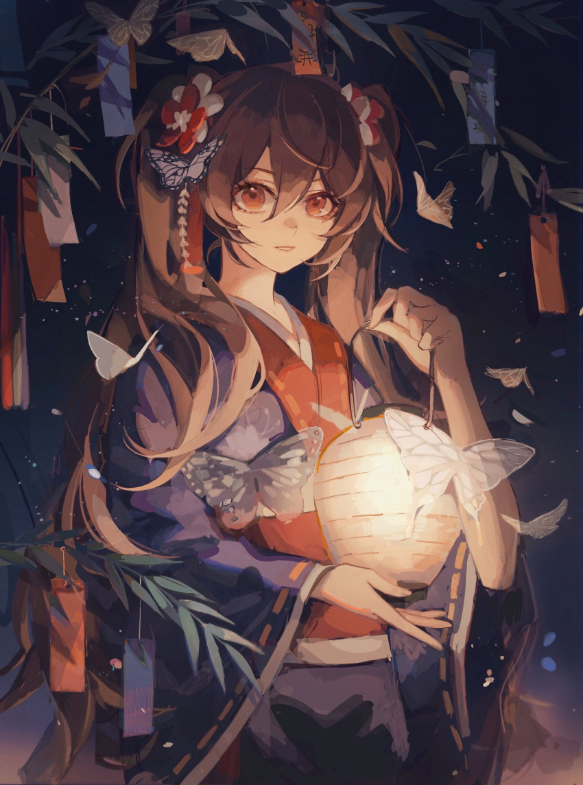1girl absurdres alternate_costume bamboo bangs blue_kimono brown_hair bug butterfly english_commentary floral_print flower genshin_impact hair_flower hair_ornament hand_up highres holding holding_lantern hu_tao_(genshin_impact) japanese_clothes kimono lantern long_hair looking_at_viewer night night_sky no_hat no_headwear obi paper_lantern parted_lips red_eyes sash sky solo standing tanabata tanzaku twintails upper_body zerotabi1210