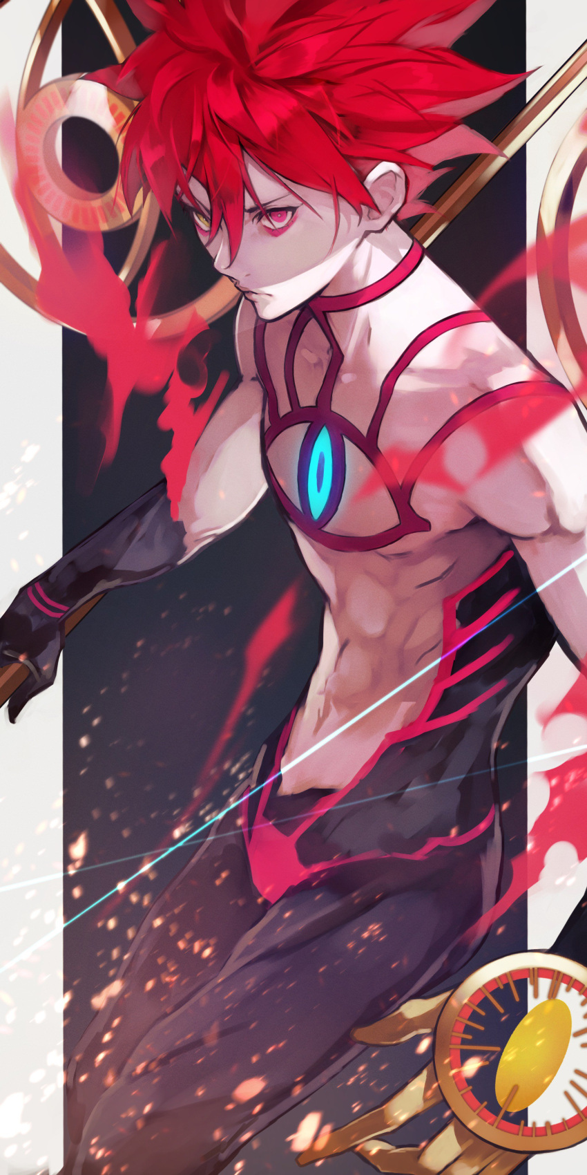 1boy abs absurdres alternate_costume alternate_hairstyle bishounen chest_tattoo commentary_request fate/apocrypha fate/grand_order fate_(series) gloves glowing_tattoo hair_between_eyes heterochromia highres holding holding_weapon jewelry karna_(fate) looking_to_the_side male_focus navel pale_skin pants red_eyes shiny shiny_hair simple_background solo super_karna_(fate) tattoo tight tight_pants toned toned_male topless_male weapon yellow_eyes yoshio_(55level)