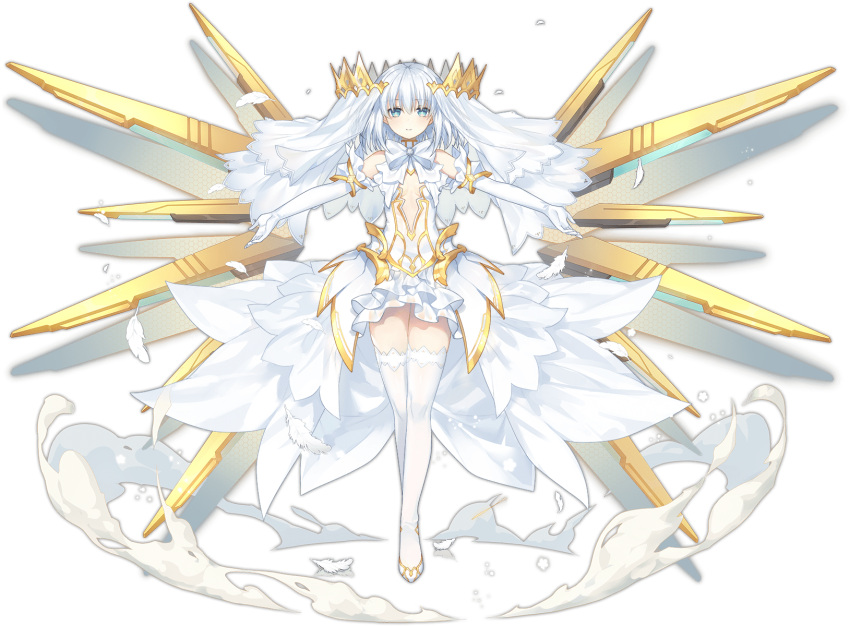 1girl ark_order bangs blue_eyes bow bowtie breasts center_opening closed_mouth date_a_live detached_sleeves dress elbow_gloves energy_wings feathers full_body gloves gold_trim halo high_heels highres looking_at_viewer mechanical_wings multiple_wings official_art outstretched_arms puffy_short_sleeves puffy_sleeves sela_(08180074) shoes short_hair short_sleeves sidelocks small_breasts smile smoke solo tachi-e thighhighs thighs tobiichi_origami transparent_background veil white_bow white_bowtie white_dress white_feathers white_footwear white_gloves white_hair white_legwear wings yellow_wings zettai_ryouiki