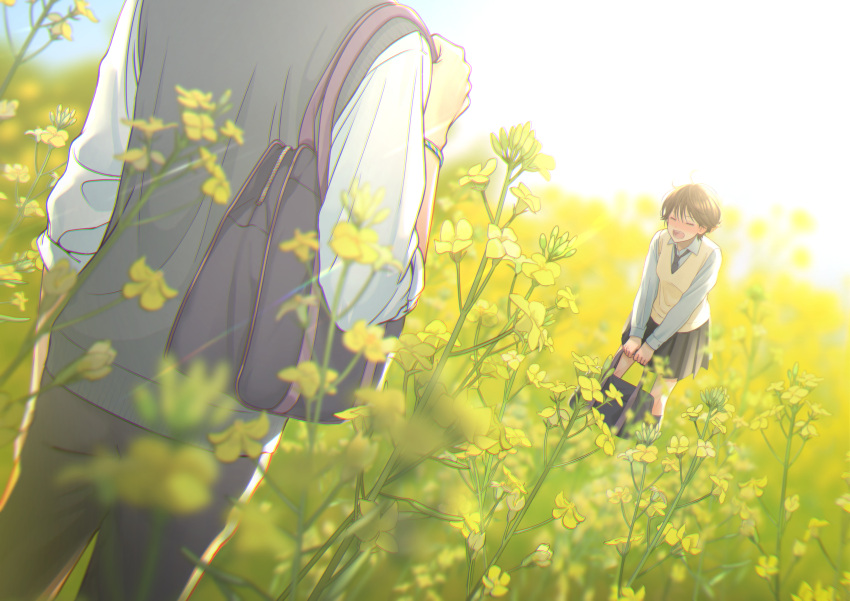 1boy 1girl :o absurdres bag black_skirt blush bookbag brown_hair check_commentary commentary_request day dutch_angle field flower flower_field hetero highres long_sleeves macaronk necktie original outdoors pants short_hair skirt sweater_vest vest wristband yellow_vest