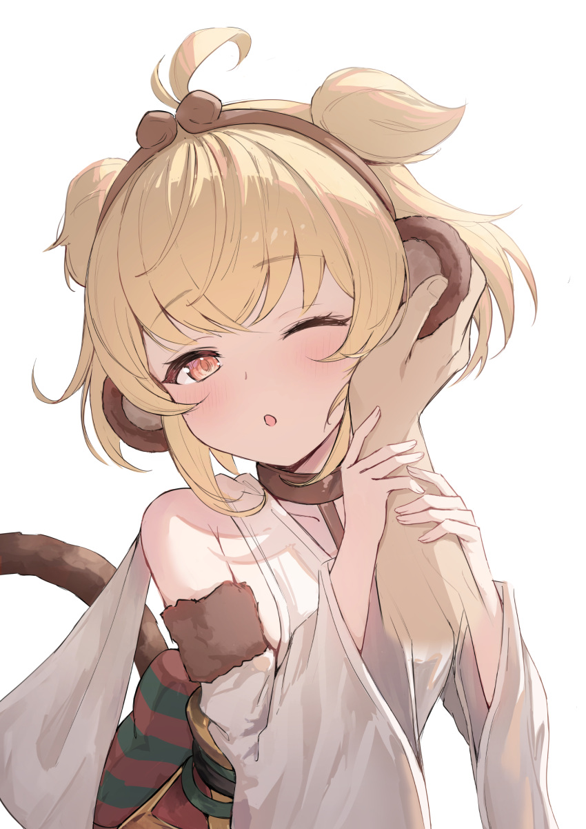 1boy :o ahoge andira_(granblue_fantasy) animal_ears arm_grab blonde_hair blush erune granblue_fantasy hand_on_another's_cheek hand_on_another's_face hand_on_another's_head hands_on_another's_head highres holding_another's_wrist kimblee monkey_ears monkey_girl monkey_tail one_eye_closed pov red_eyes shawl short_hair tail