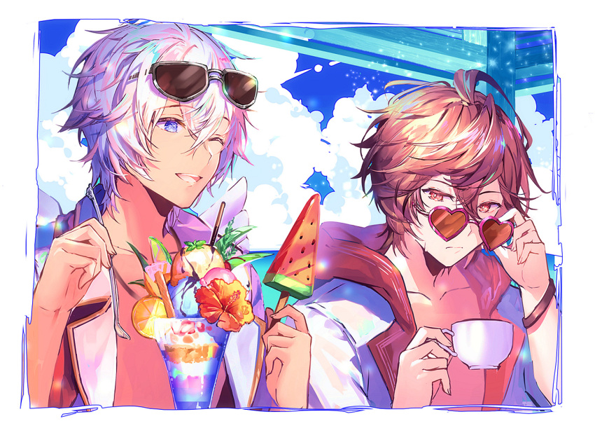 2boys banned_artist blue_eyes border bracelet brown_eyes brown_hair cloud collarbone commentary_request cup eyewear_on_head flower food frown granblue_fantasy heart heart-shaped_eyewear hibiscus holding holding_cup holding_spoon hood hooded_jacket ice_cream jacket jewelry lucio_(granblue_fantasy) male_focus multiple_boys one_eye_closed open_clothes open_jacket open_mouth outdoors popsicle sandalphon_(granblue_fantasy) short_hair smile spoon sundae sunglasses teacup tsukumi_(tkmillust) upper_body watermelon_bar white_border white_hair wings