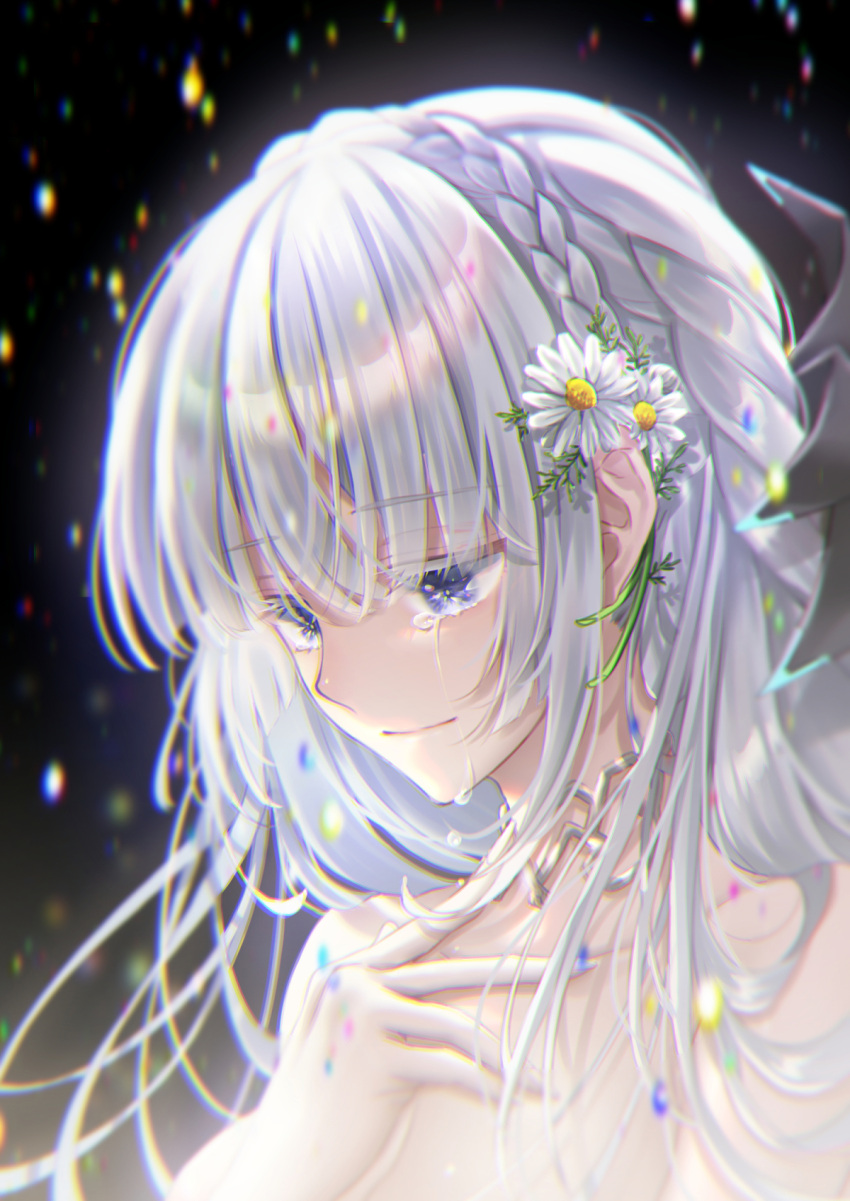 1girl braid chromatic_aberration collarbone commentary_request crown_braid crying crying_with_eyes_open eyebrows_visible_through_hair flower hair_behind_ear hair_flower hair_ornament hand_on_own_chest highres inia_sestina koma_(kkbodkk) lens_flare muvluv muvluv_alternative muvluv_total_eclipse portrait purple_eyes silver_hair smile solo tears white_flower