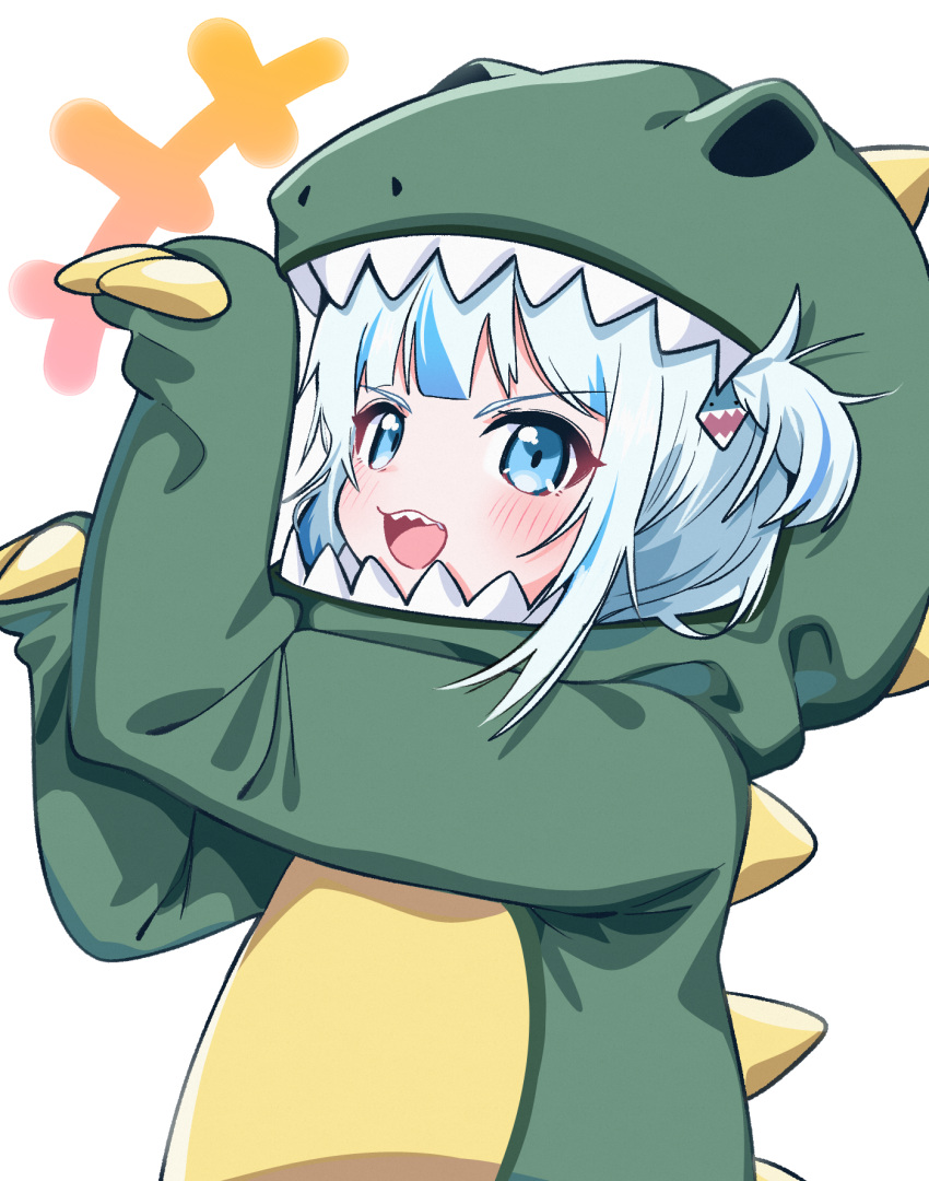 +++ 1girl :d animal_hood arm_up bangs blue_eyes blue_hair blush commentary dinosaur_costume english_commentary eyebrows_visible_through_hair gawr_gura hair_ornament hand_up highres hololive hololive_english hood hood_up multicolored_hair sharp_teeth simple_background smile solo streaked_hair teeth tosyeo two_side_up upper_body v-shaped_eyebrows virtual_youtuber white_background white_hair