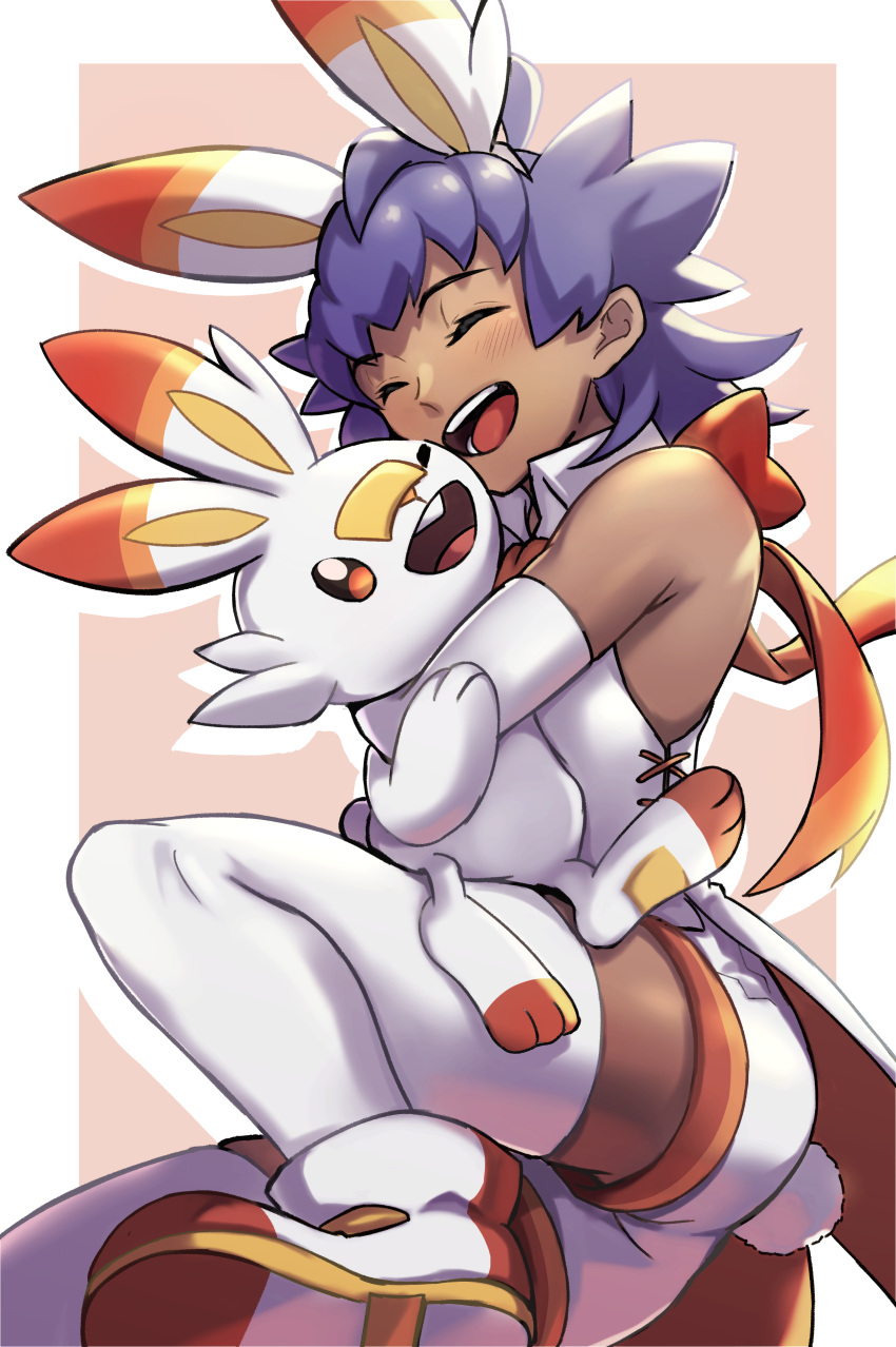 1boy :d absurdres alternate_costume bangs bare_shoulders blush closed_eyes commentary_request cosplay dark-skinned_male dark_skin elbow_gloves eyelashes gloves highres holding holding_pokemon leg_up leon_(pokemon) long_hair male_focus open_mouth pokemon pokemon_(creature) pokemon_(game) pokemon_swsh purple_hair scorbunny scorbunny_(cosplay) shoes smile teeth thighhighs tongue white_footwear white_gloves white_legwear younger yunoru