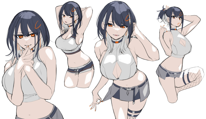 1girl absurdres black_choker black_hair breasts choker cleavage cleavage_cutout clothes_pull clothing_cutout colored_inner_hair crop_top fishnet_legwear fishnets grey_hair grey_skirt hair_tie_in_mouth halter_top halterneck highres holding holding_hair indie_virtual_youtuber large_breasts looking_at_viewer mashiro_(rikuya) medium_hair midriff mouth_hold multicolored_hair multiple_views navel orange_eyes shirasu_(mashiro_(rikuya)) single_thighhigh skirt skirt_pull smile thigh_strap thighhighs virtual_youtuber white_background