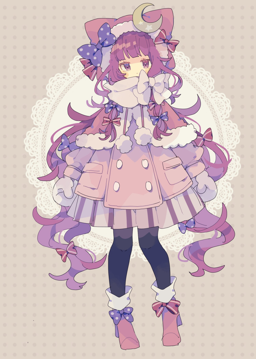 1girl adapted_costume bangs black_legwear blue_bow boots bow capelet coat crescent crescent_pin doily footwear_bow full_body fur-trimmed_capelet fur-trimmed_hood fur_trim hair_bow highres hood hood_up jitome long_hair long_sleeves looking_at_viewer mittens nikorashi-ka pantyhose patchouli_knowledge pink_coat pink_footwear pink_skirt polka_dot polka_dot_background pom_pom_(clothes) purple_capelet purple_eyes purple_hair purple_skirt red_bow scarf scarf_bow skirt solo star_(symbol) striped striped_skirt touhou very_long_hair winter_clothes winter_coat