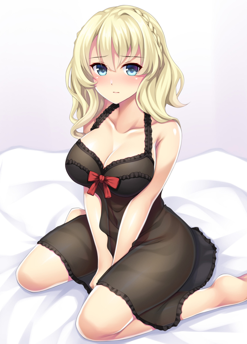 1girl absurdres barefoot bed_sheet black_dress blonde_hair blue_eyes blush braid breasts cleavage closed_mouth collarbone colorado_(kancolle) dress eyebrows_visible_through_hair hair_between_eyes highres kantai_collection large_breasts ruin_re_birth short_hair sitting solo wariza