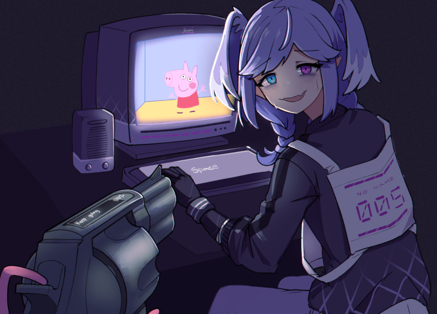 1girl aiming at_computer at_gunpoint bags_under_eyes black_sweater blue_eyes braid computer dragon_girl fang from_behind gun handgun head_wings heterochromia highres jacy keyboard_(computer) looking_at_viewer looking_back medium_hair monitor nijisanji nijisanji_en pants peppa_pig peppa_pig_(series) pistol pointy_ears purple_eyes purple_hair purple_pants revolver selen_tatsuki skin_fang squid_game sweater sweatpants twin_braids virtual_youtuber weapon