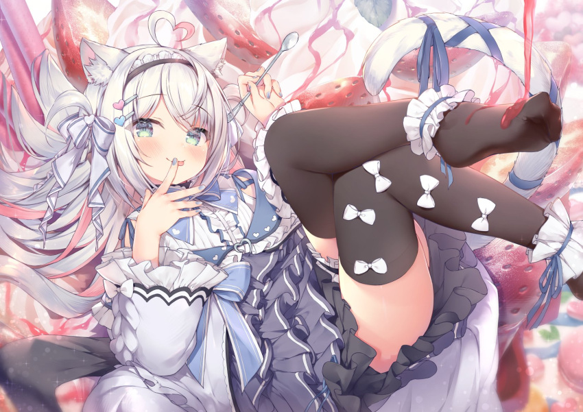 1girl :p animal_ear_fluff animal_ears ankle_cuffs aqua_eyes black_legwear cat_ears cat_girl cat_tail food fruit hairband highres indie_virtual_youtuber kazari_lua layered_skirt long_hair long_sleeves looking_at_viewer lying miniskirt on_back shirt skirt spoon strawberry syrup tail thighhighs tongue tongue_out topia