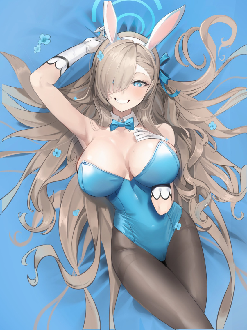 1girl animal_ears armpits asuna_(blue_archive) bare_shoulders black_legwear blue_archive blue_bow blue_bowtie blue_eyes blue_leotard bow bowtie breasts commentary_request daiiichukiii detached_collar fake_animal_ears flower gloves highleg highleg_leotard highres huge_breasts leotard light_brown_hair long_hair looking_at_viewer lying mole mole_on_breast on_bed pantyhose playboy_bunny rabbit_ears smile solo strapless strapless_leotard