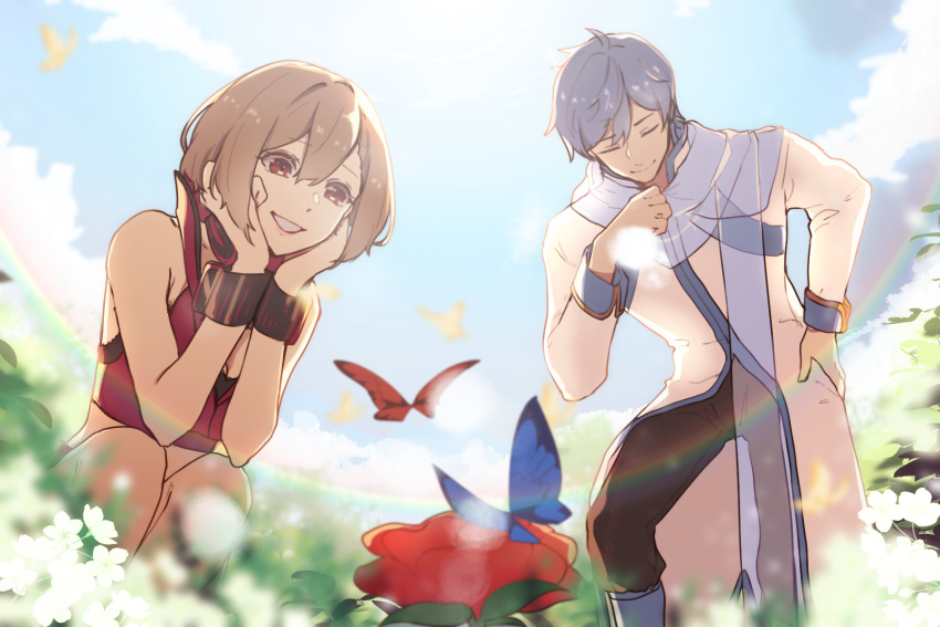 1boy 1girl adjusting_scarf bent_over blue_butterfly blue_footwear blue_hair blue_scarf boots brown_eyes brown_hair bug butterfly closed_eyes coat commentary crop_top day fisheye flower grin hands_on_own_cheeks hands_on_own_face head_rest highres kaito_(vocaloid) kaito_(vocaloid3) knee_boots lips meiko meiko_(vocaloid3) outdoors rainbow red_butterfly red_flower red_shirt scarf see-through shirt short_hair smile squatting sun vocaloid white_coat white_flower wrist_cuffs yellow_butterfly yen-mi