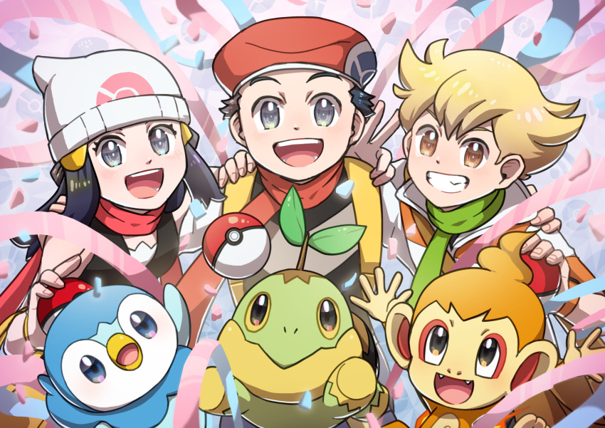 1girl 2boys :d bangs barry_(pokemon) beanie black_hair black_shirt blonde_hair bracelet brown_eyes chimchar commentary_request dawn_(pokemon) eyelashes green_scarf grey_eyes grin hair_ornament hairclip hand_on_another's_shoulder hat he72oh highres holding holding_poke_ball jewelry long_hair looking_at_viewer lucas_(pokemon) multiple_boys open_mouth piplup poke_ball poke_ball_(basic) pokemon pokemon_(creature) pokemon_(game) pokemon_dppt red_scarf scarf shirt short_hair sleeveless sleeveless_shirt smile starter_pokemon_trio teeth tongue turtwig v white_headwear