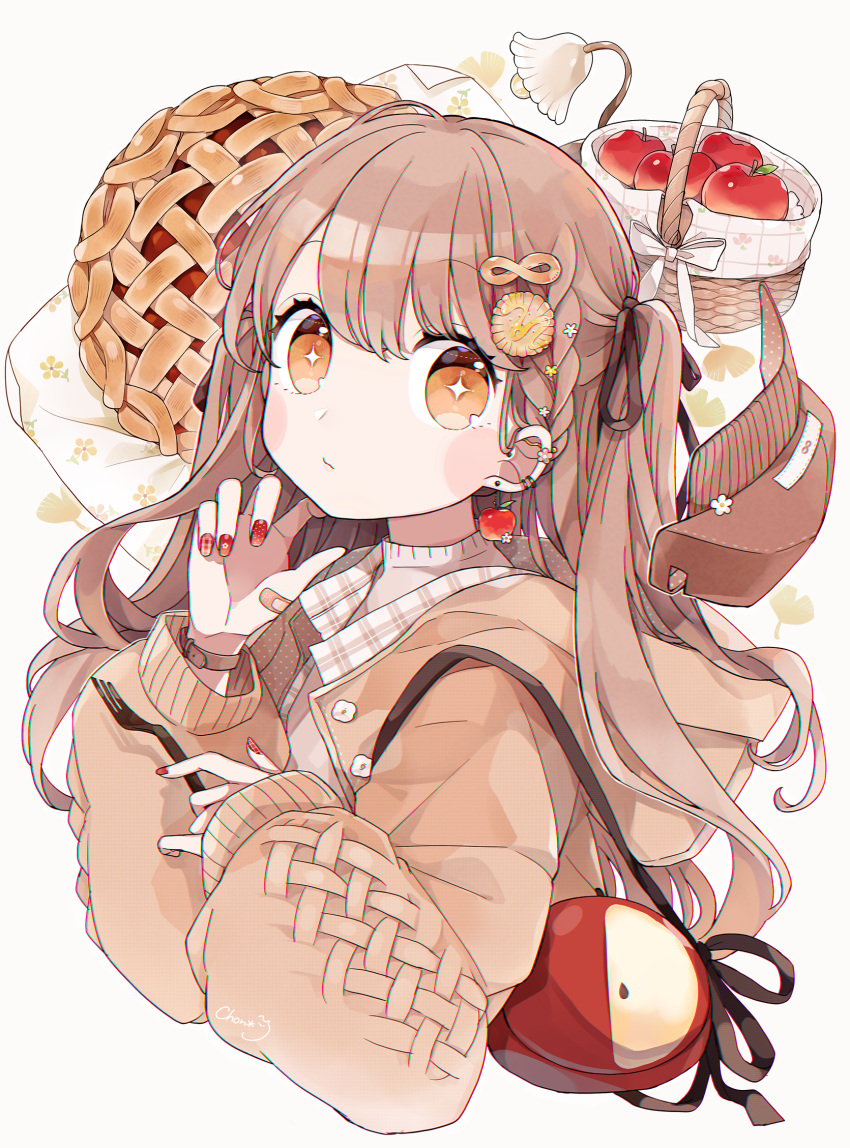 +_+ 1girl apple apple_earrings apple_pie bag basket black_ribbon blush_stickers braid brown_eyes brown_hair brown_jacket chon_(chon33v) closed_mouth commentary_request cropped_torso desk_lamp ear_piercing earrings food food-themed_earrings fruit hair_ornament hair_ribbon hands_up highres hood hood_down hooded_jacket jacket jewelry lamp long_hair long_sleeves nail_polish original piercing puffy_long_sleeves puffy_sleeves red_apple red_nails ribbon shoulder_bag sleeves_past_wrists solo two_side_up upper_body white_background