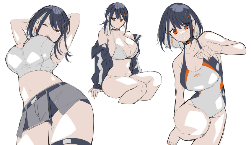 1girl :o absurdres armpits belt bikini black_belt black_choker black_hair black_jacket breasts choker cleavage colored_inner_hair competition_swimsuit eyebrows_visible_through_hair grey_hair hair_behind_ear highres indie_virtual_youtuber jacket large_breasts leaning_to_the_side mashiro_(rikuya) midriff multicolored_hair navel off_shoulder one-piece_swimsuit open_mouth orange_eyes shirasu_(mashiro_(rikuya)) skindentation stretch swimsuit thigh_strap tied_hair v-shaped_eyebrows virtual_youtuber white_bikini