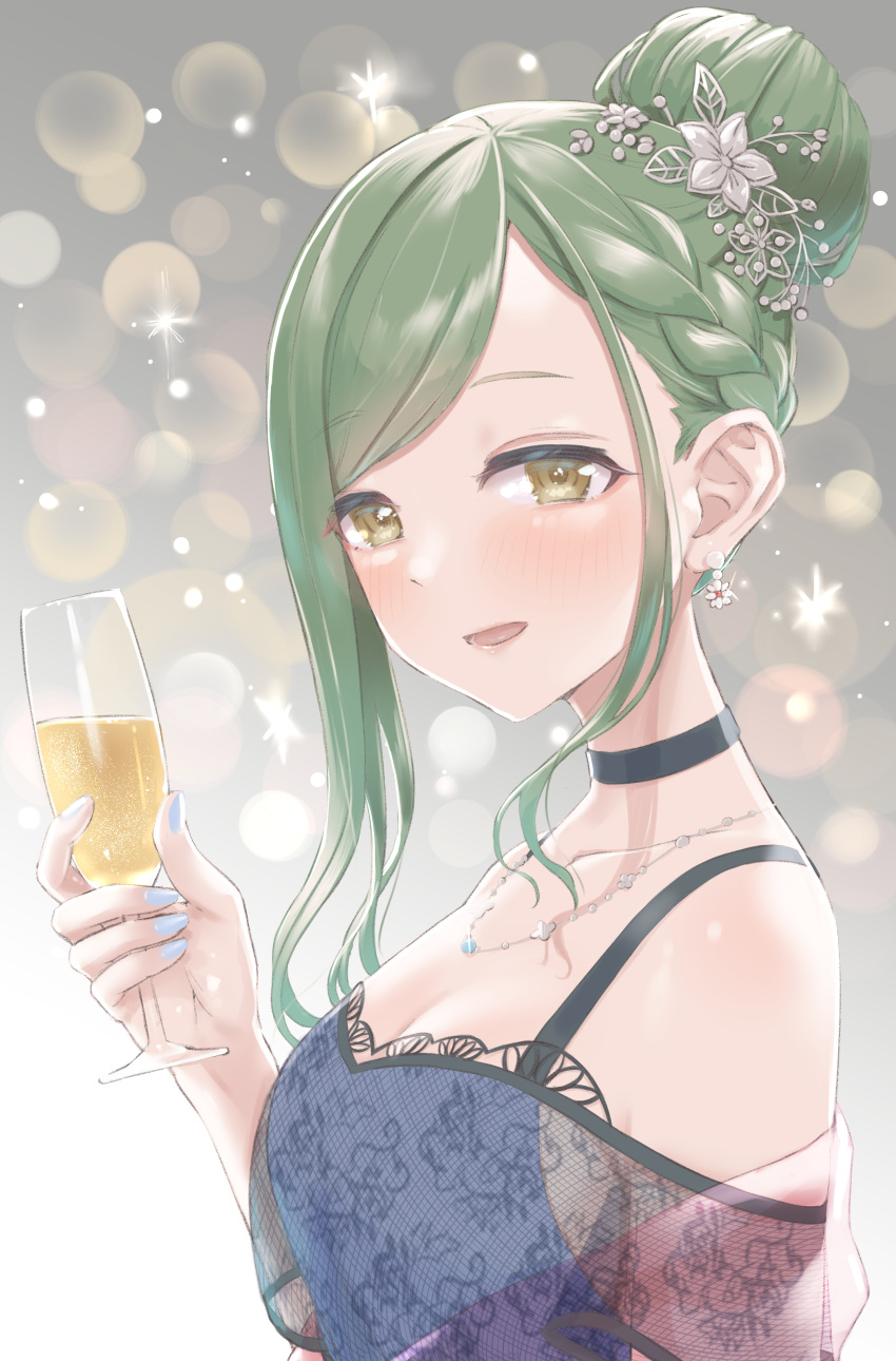 1girl :d absurdres alcohol alternate_costume alternate_hairstyle asymmetrical_bangs bangs black_choker blurry blush bokeh braid breasts champagne champagne_flute choker cleavage collarbone cup depth_of_field dress drinking_glass earrings french_braid glint gradient gradient_background green_hair hair_bun highres holding holding_cup idolmaster idolmaster_shiny_colors jewelry looking_at_viewer medium_breasts nail_polish nanakusa_hazuki necklace off-shoulder_dress off_shoulder see-through_dress smile solo umirororo upper_body