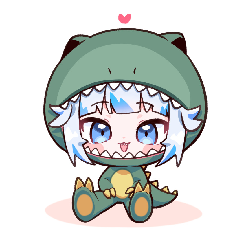1girl :d animal_hood blue_eyes blue_hair blush_stickers chibi colored_shadow commentary dinosaur_costume english_commentary full_body gawr_gura heart highres hololive hololive_english hood hood_up multicolored_hair shadow sharp_teeth sitting smile solo streaked_hair teeth tosyeo virtual_youtuber white_background white_hair