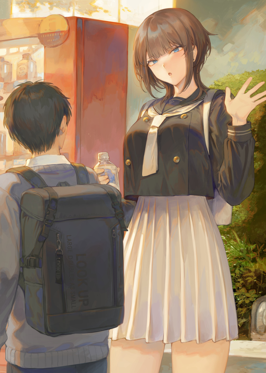 1boy 1girl backpack bag bangs black_hair black_sailor_collar black_shirt blue_eyes blunt_bangs bottle brown_hair commentary_request cowboy_shot earrings foliage hair_between_eyes hand_up high-waist_skirt highres holding holding_bottle jewelry long_sleeves looking_at_another mashuu_(neko_no_oyashiro) medium_hair necktie oomikado_himari open_mouth original outdoors pleated_skirt sailor_collar school_uniform shirt short_hair sidelocks skirt vending_machine waving white_bag white_necktie white_skirt