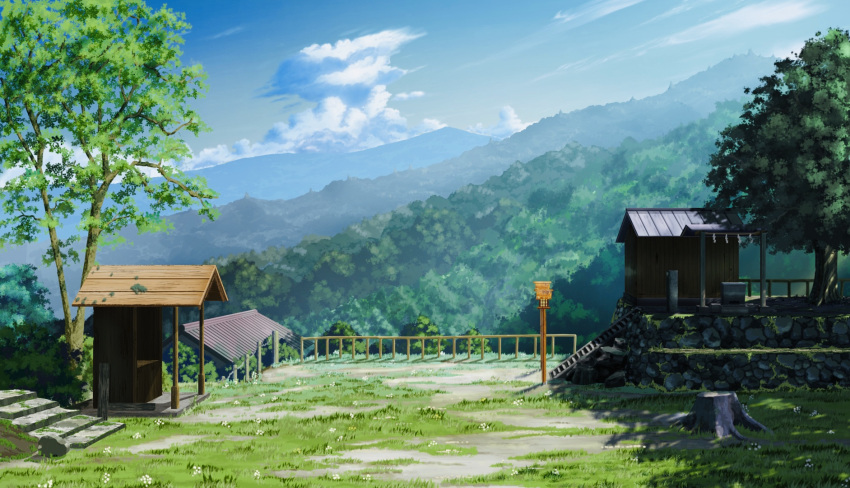 building cloud commentary_request day flower forest grass highres house lamp landscape moss mountain nature original plant rural scenery shade shuu_illust sky stairs stone_stairs tree tree_stump