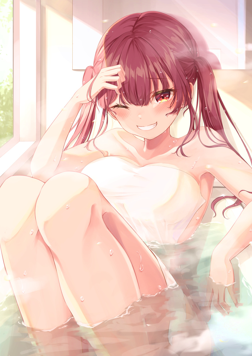 1girl absurdres bangs bath bathing bathtub blunt_bangs blush breasts collarbone commentary_request eyebrows_visible_through_hair grin hand_in_hair highres hololive houshou_marine knees_up large_breasts lllconfidential long_hair looking_at_viewer naked_towel nude one_eye_closed red_eyes red_hair sitting smile solo steam teeth towel twintails virtual_youtuber wet window