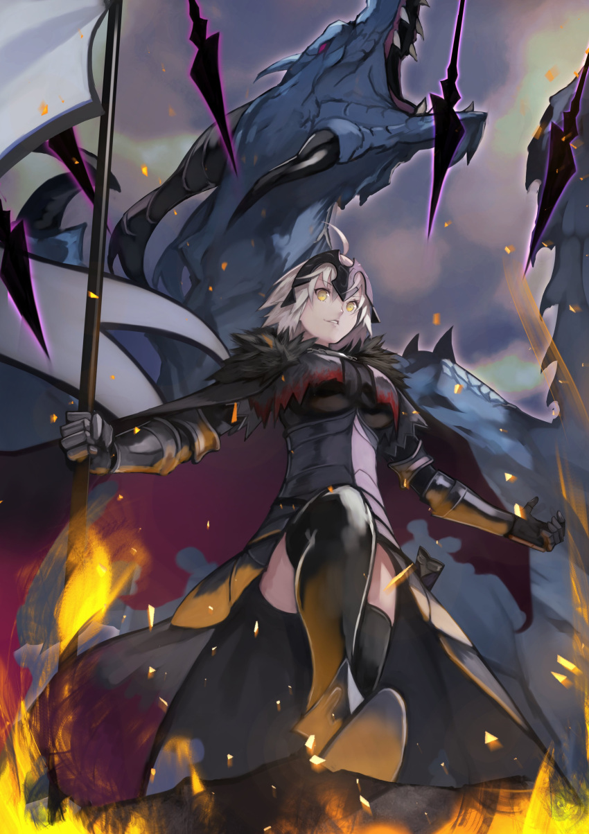 1girl absurdres ahoge armor armored_dress bangs banner black_capelet black_dress black_legwear breasts capelet chain commentary_request dragon dress fate/grand_order fate_(series) flag fur_collar gauntlets headpiece highres holding holding_flag jeanne_d'arc_(alter)_(fate) jeanne_d'arc_(fate) short_hair smile solo thighhighs yellow_eyes yoshio_(55level)