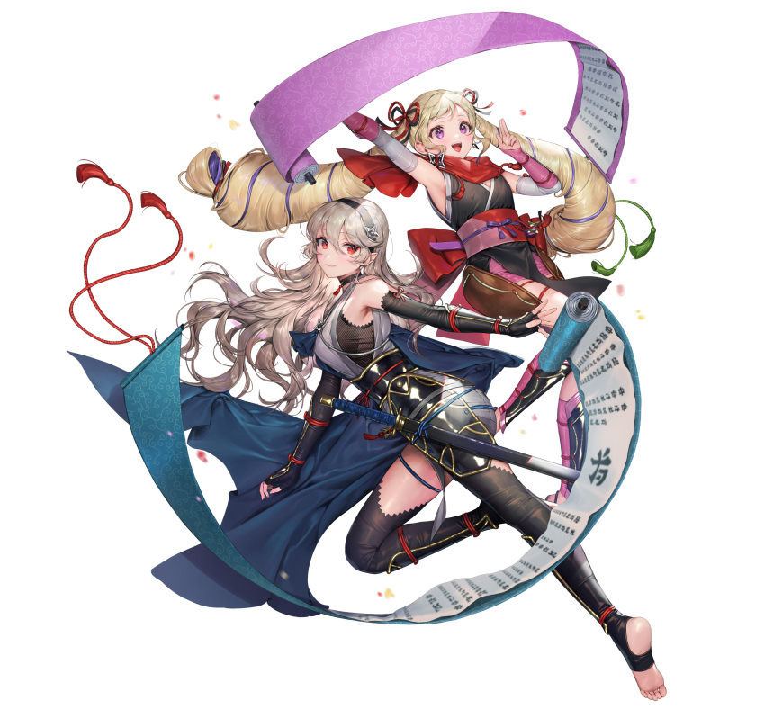 2girls absurdres alternate_costume arm_guards armor armpits bangs bare_shoulders black_gloves black_legwear blonde_hair blush bow bowtie breasts cape closed_mouth commentary_request corrin_(fire_emblem) corrin_(fire_emblem)_(female) earrings elbow_gloves elise_(fire_emblem) fingerless_gloves fire_emblem fire_emblem_fates fire_emblem_heroes floating floating_object full_body gloves hair_ornament hairband highres japanese_clothes jewelry long_hair looking_away medium_breasts multiple_girls ninja obi official_art open_mouth pelvic_curtain pointy_ears purple_eyes red_eyes sandals sash scroll senchat shin_guards shiny shiny_clothes shiny_hair shiny_skin shuriken_earrings silver_hair simple_background sleeveless smile soles sword thighhighs tied_hair toeless_legwear twintails weapon white_background