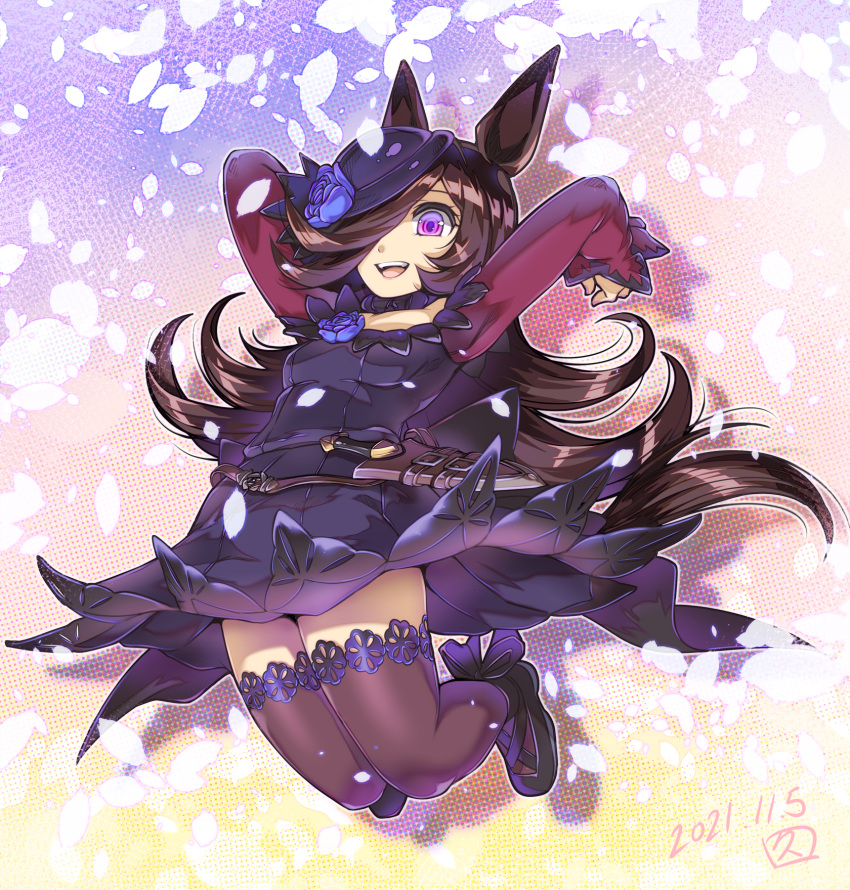 1girl animal_ears arms_up bow brown_hair commentary dagger dated dress flower hair_over_one_eye hat hat_flower highres hisahiko horse_ears horse_girl horse_tail jumping knife lace-trimmed_dress lace-trimmed_legwear lace_trim legs_up long_hair long_sleeves object_namesake open_mouth petals purple_eyes rice rice_shower_(umamusume) rose shaded_face sheath sheathed shoes signature smile solo tail thighhighs umamusume weapon
