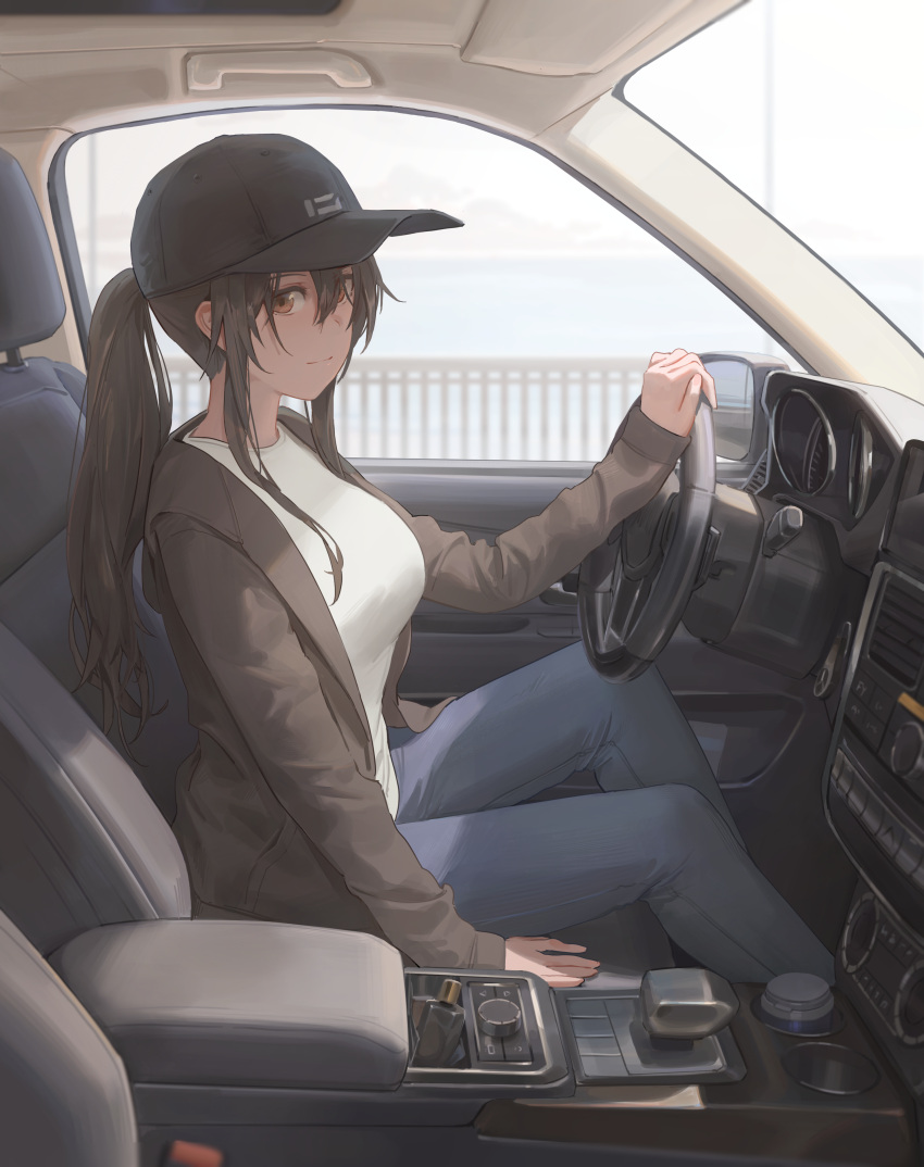 1girl absurdres bangs baseball_cap black_headwear blush breasts brown_eyes brown_hair brown_jacket car car_interior closed_mouth commentary denim driving english_commentary feet_out_of_frame free_style_(yohan1754) grey_pants ground_vehicle hair_between_eyes hat highres jacket jeans large_breasts left-hand_drive long_hair long_sleeves looking_at_viewer motor_vehicle open_clothes open_jacket original pants ponytail shirt sidelocks sitting sleeves_past_wrists smile solo steering_wheel white_shirt